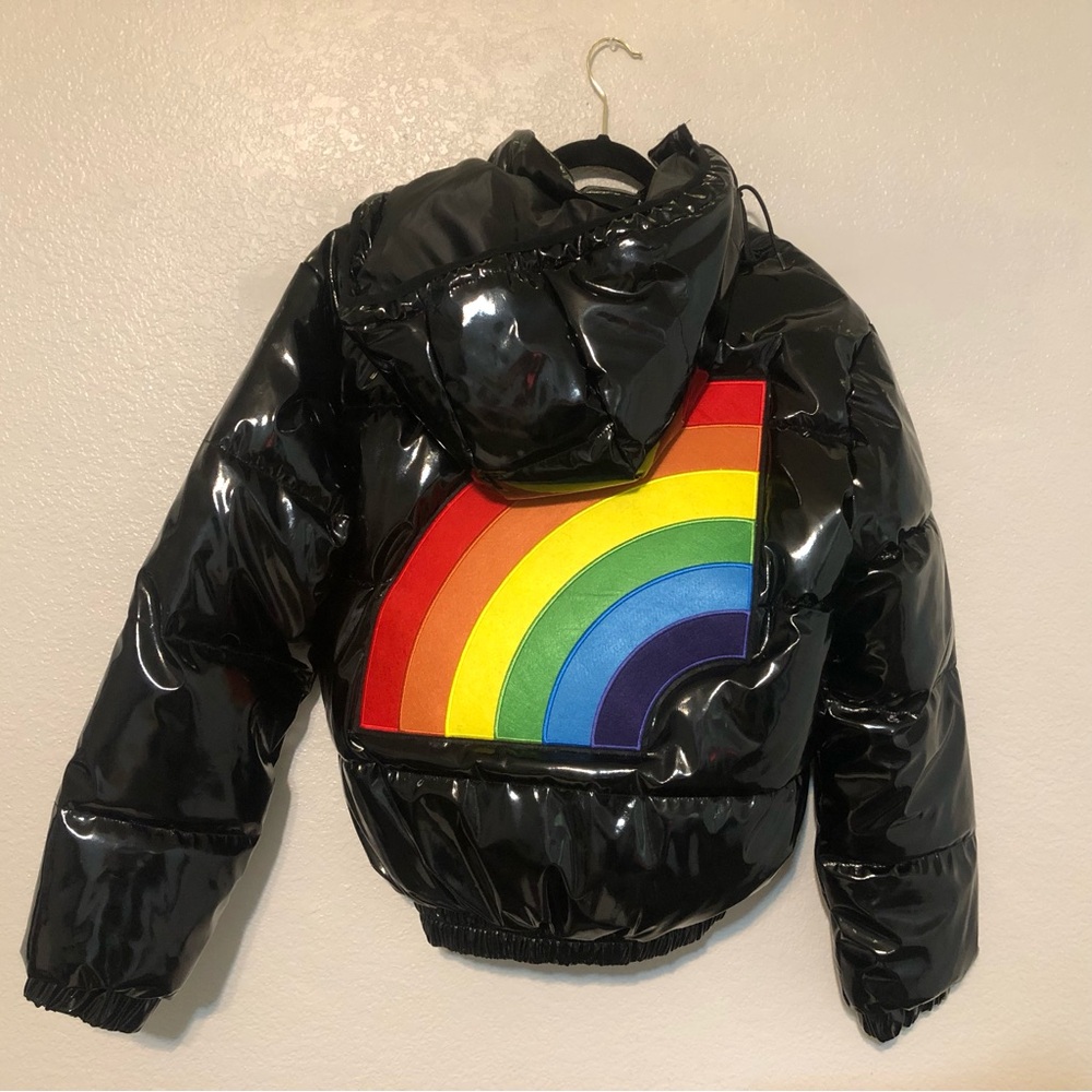 Black Puffer Jacket with Rainbow Design